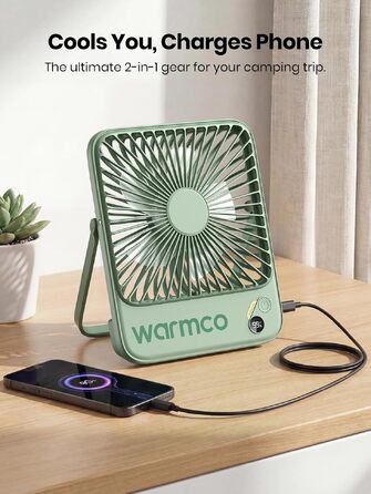 Вентилятор акумуляторний настільний Warmco 10000mAh 21 см, зелений: для офісу, спальні, кемпінгу, з цифровим дисплеєм та до 24 годин роботи