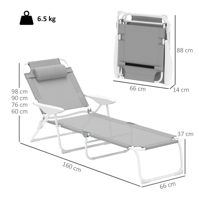 Outsunny Sun Lounger Складний садовий шезлонг з подушкою, шезлонг з регульованою спинкою в 4 напрямках, стійкий до погодних умов шезлонг для кемпінгу, садове крісло навантаження до 120 кг, для саду на відкритому пляжі світло-сірий