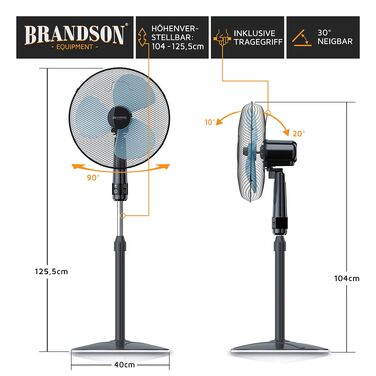 Вентилятор підлоговий Brandson 50 Вт, 40 см, з пультом, 3 швидкості, поворот 80°, регульована висота та кут нахилу 30°
