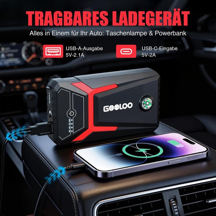 Пусковий пристрій GOOLOO A3 Jump Starter 1500A з компресором 150PSI та функцією Powerbank
