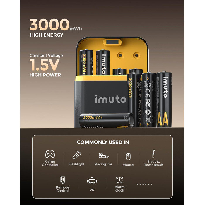 Набір літієвих акумуляторів imuto AA 1.5V 3000mWh (8 шт.) з зарядним пристроєм, 2500 циклів перезарядки