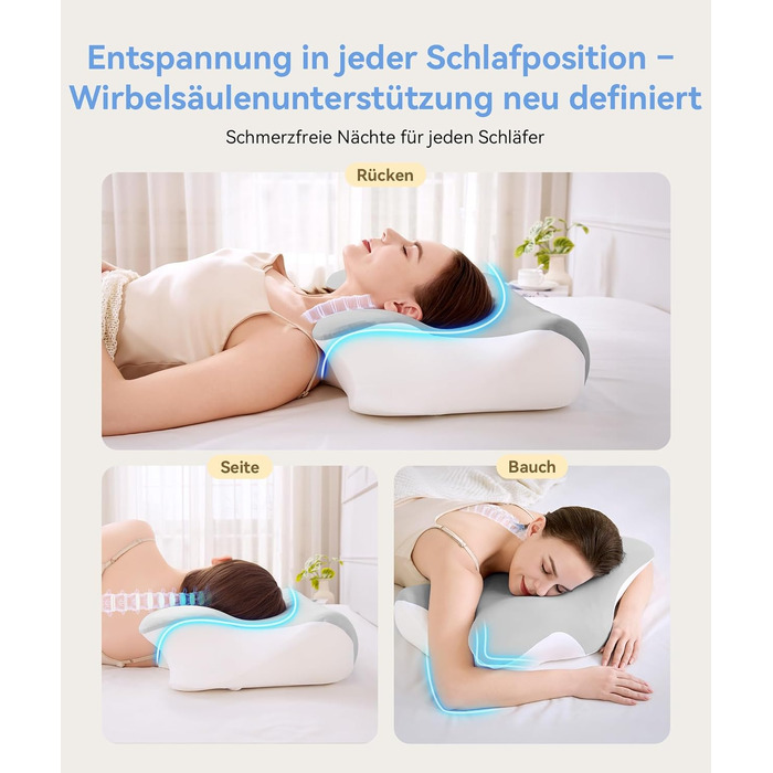 Ортопедична подушка з піни Memory Foam 2-в-1, 60x41.5x10/12 см, біла/сіра - для сну на боці, спині, животі