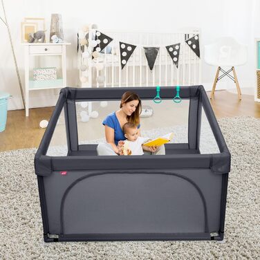 Манеж для дітей COSTWAY 120x120 см з 50 кульками, дихаюча сітка, дверцята на блискавці, для немовлят і малюків, темно-сірий