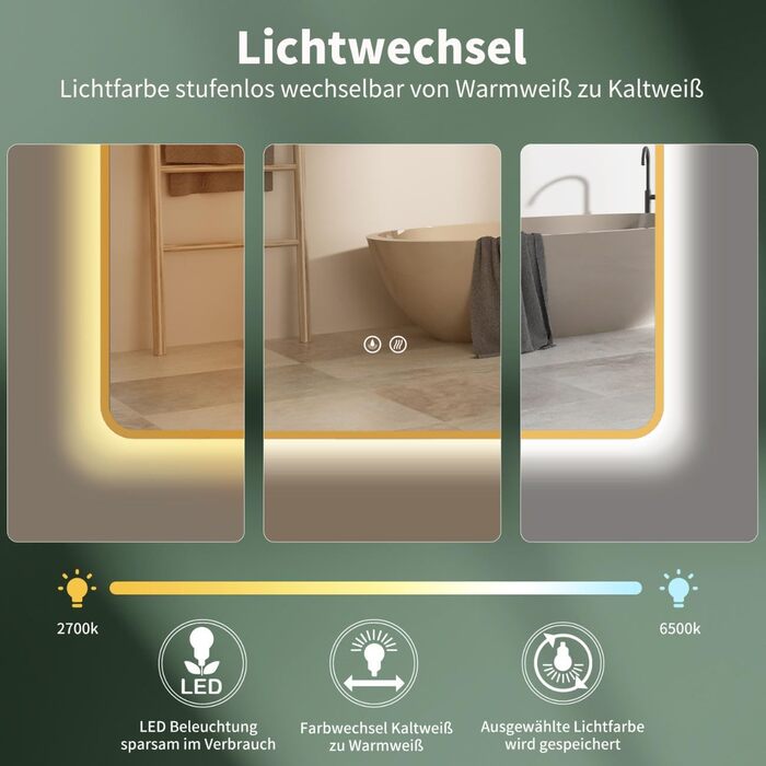 Дзеркало для ванної кімнати HOKO LED Texas 60x80 см з підсвічуванням, нагрівом проти запотівання та чорним металевим каркасом. Можливість монтажу "вверх-вниз". Сенсорне управління, зміна кольору світла 2700-6500K (тепле, холодне, нейтральне біле