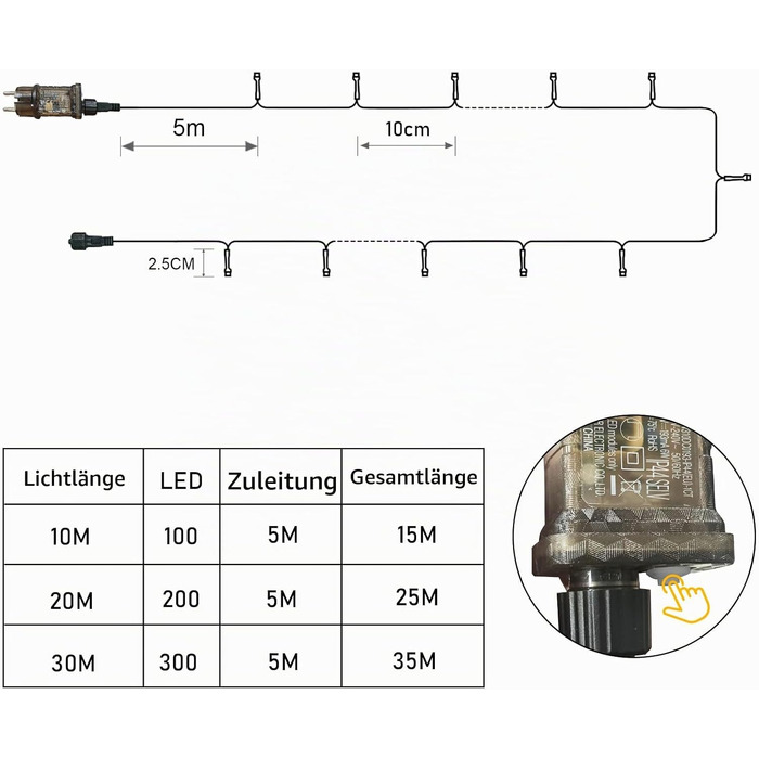 Світлодіодна гірлянда для ялинки 30м 300 LED, багатоколірна та тепла біла, 11 режимів роботи
