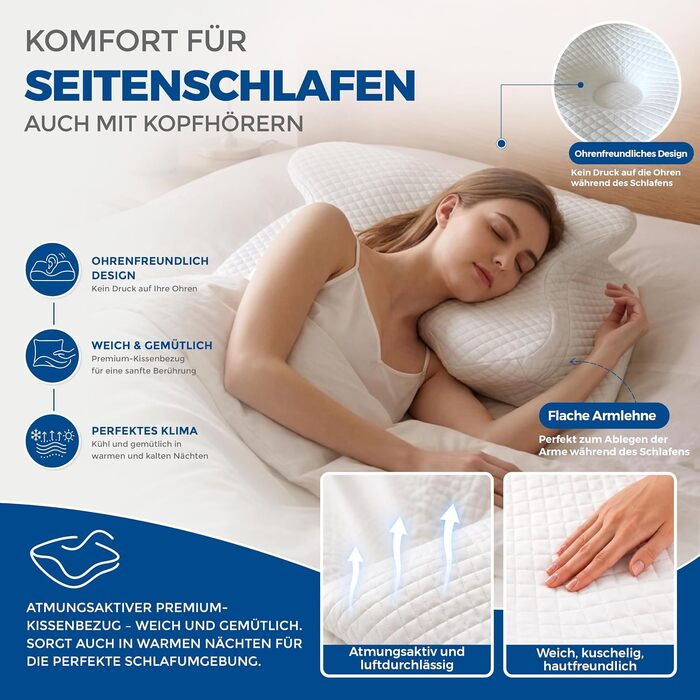 Ортопедична подушка для шиї та голови з ефектом пам'яті (Memory Foam) у формі метелика, ергономічна подушка для сну на боці та спині зі знімним чохлом, колір Alpine White