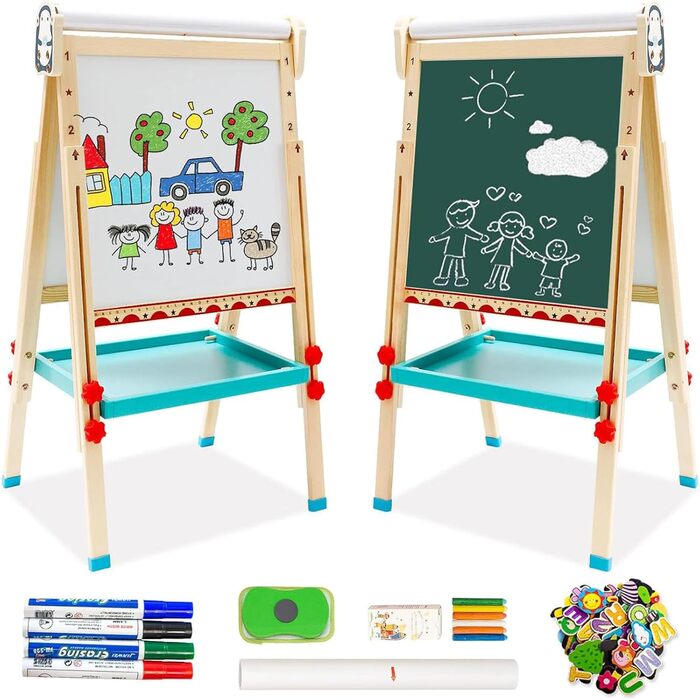 Дерев'яна іграшко-дошка Kinder Pinguin з рулоном паперу, двостороннє Whiteboard та дошка, стійка з аксесуарами для дітей та малюків