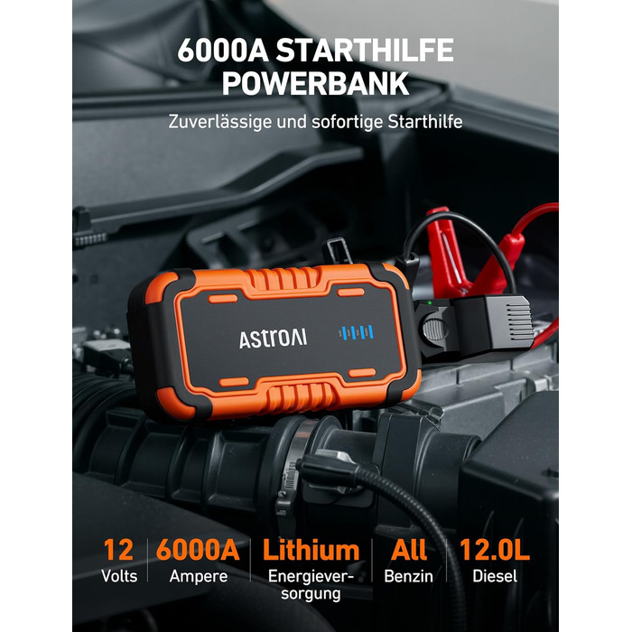 Пусковий пристрій AstroAI Powerbank для автомобіля (ПКВ), портативний бустер з USB QC 3.0, помаранчевий