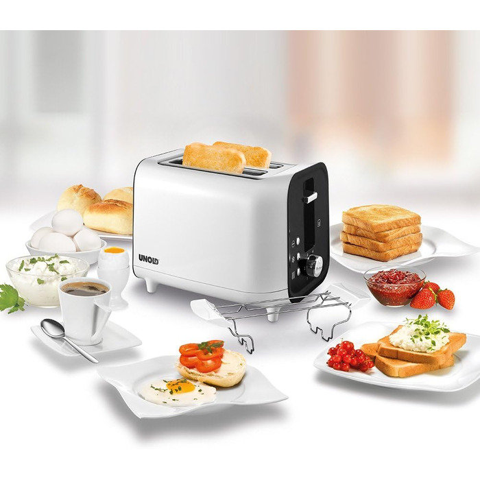 Тостер Unold Shine White 38410 на 2 скибки, 800 Вт, 4 функції (підсмажування, розморожування, підігрів, стоп), піддон для крихт, охолоджуваний корпус, насадка для булочок