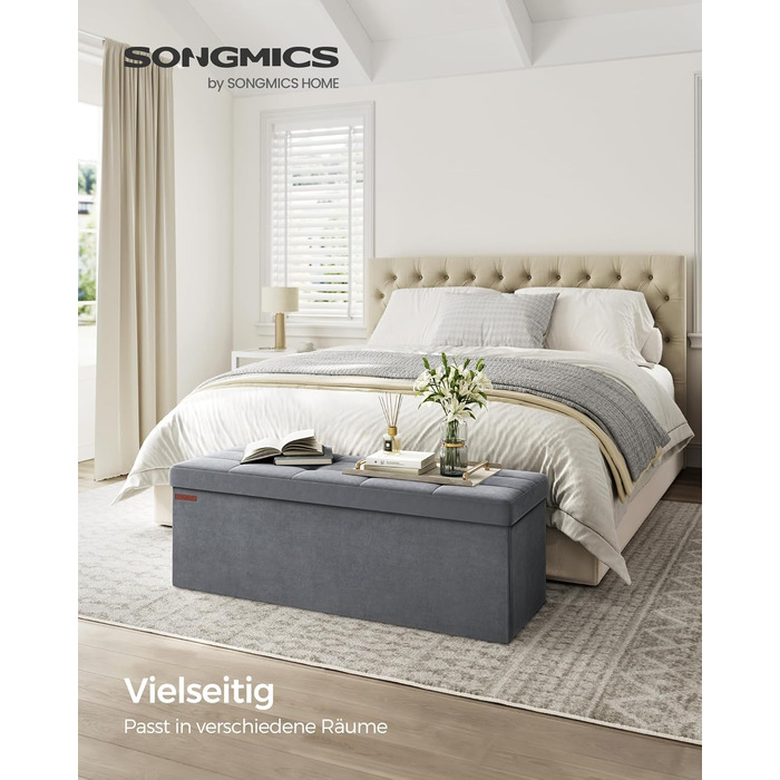 Складаний пуф SONGMICS з місцем для зберігання, оксамитовий, 110x38x38 см, до 300 кг, сіро-грифельний, для вітальні, спальні, передпокою