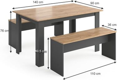 Стіл обідній Vicco Sentio з лавами, антрацит/дуб золотий, 90x140 см