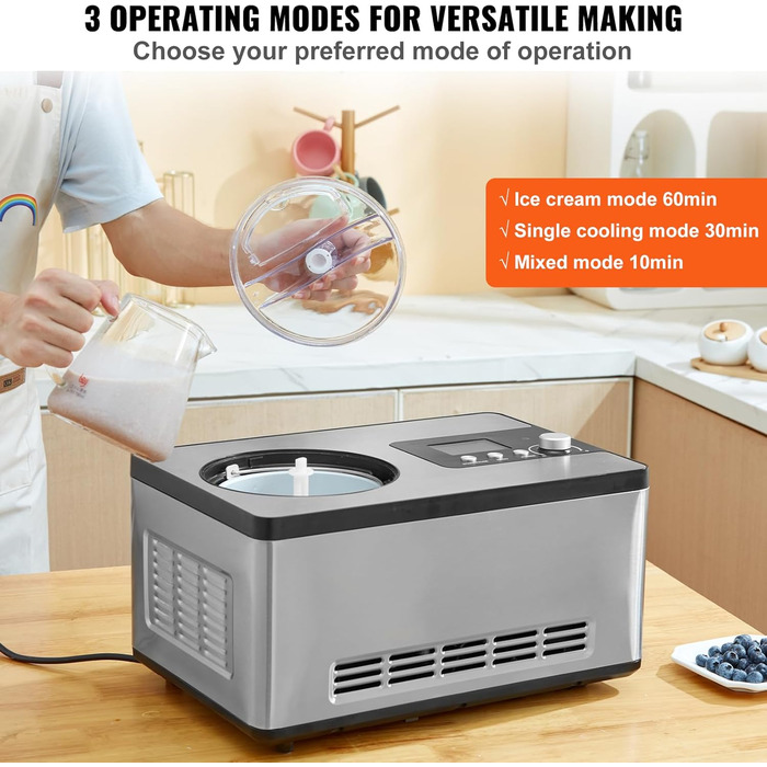 Електрична машина для приготування морозива VEVOR 2L, 180W - Морозиво, сорбет, йогурт, Gelato. Срібна, горизонтальна
