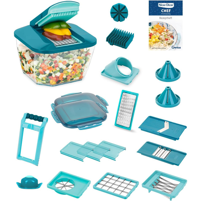 Овочерізка Nicer Dicer Chef Professional 23-в-1, ручна, з великим контейнером 5.2 л, насадками для спіралі, томатів, джульєн, салатів, кришкою для зберігання та рецептурником