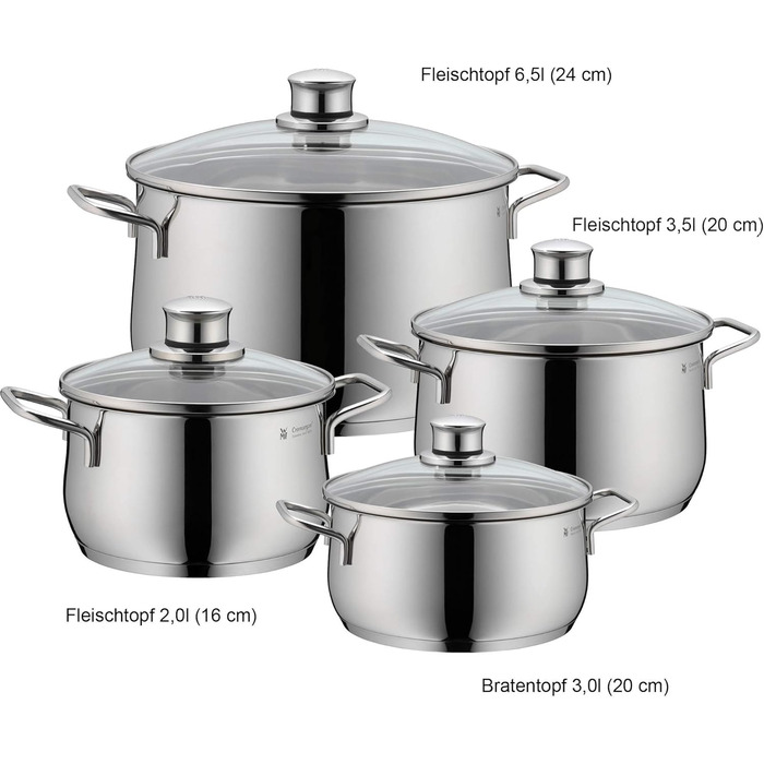 Набір каструль WMF Diadem Plus 4 шт. для індукції, з кришками, полірована нержавіюча сталь, без покриття