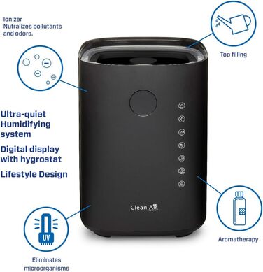Ультразвуковий зволожувач повітря Clean Air Optima CA-605B з UVC-стерилізацією, іонізатором та аромадифузором, 480 мл/год, для приміщень до 65м², чорний