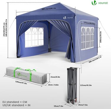 Альтанка VOUNOT® 3x3м з бічними стінками та мішками для фіксації, водонепроникний шатер для саду та вечірок, синій