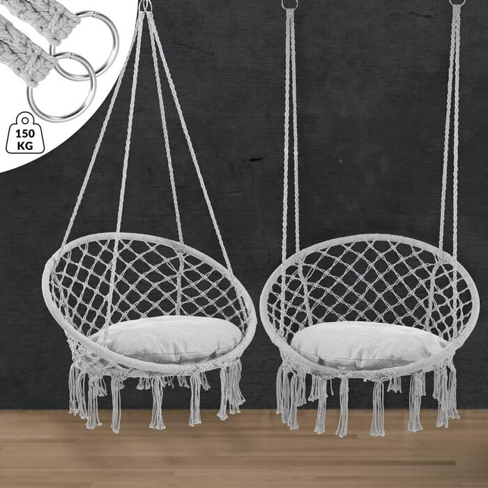 DETEX® Гамак-крісло підвісне до 150 кг, Boho стиль, стійке до погодних умов, сертифікат GS, для саду, 360° обертання, для дому та вулиці, з зручною подушкою (Світло-сірий)