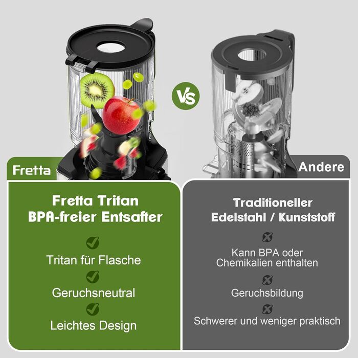 Фреш-прес Fretta Slow Juicer: повільний соковитискач з нержавіючої сталі, 135 мм, 1.8 л, з функцією реверсу, BPA Free, 250W сірий