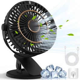 COZII Міні-вентилятор USB: кліпса на стіл, 720° поворот, 5 швидкостей, LED-дисплей. Портативний вентилятор для дому, офісу, дитячого візочка, подорожей - чорний