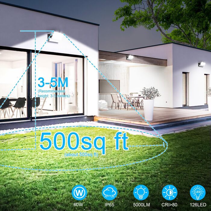 Набір стінових LED-світильників ledmo 60W (4 шт), 360° панель, 5000LM, IP65 водонепроникні, регульований кут нахилу, чорні, 6000K