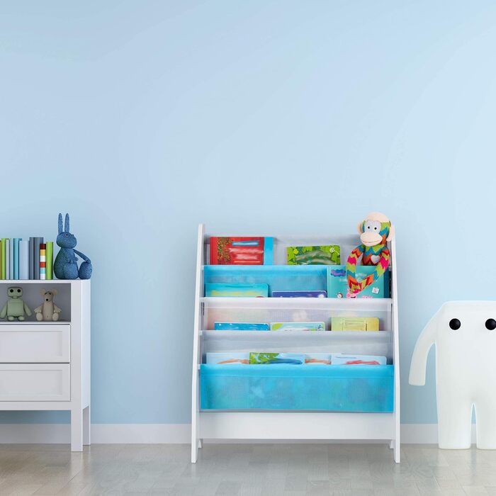 Дитяча книжкова полиця Relaxdays, 4 тканинні відділення, з малюнком багаття, для зберігання книг, 71x62x29 см, різнокольорова