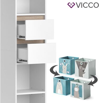 Дитячий стелаж Vicco Robert білий/сонома 36,2x171 см з кольоровими та сірими коробами для зберігання
