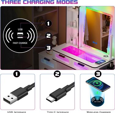 Туалетний столик Lvifur з RGB підсвіткою, бездротовою зарядкою та USB, сім кольорів, спальня, з м'яким пуфом, 5 шухляд, сірий