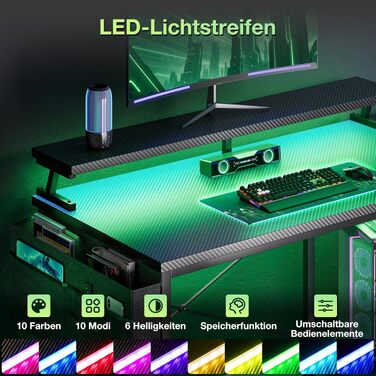 Ігровий кутовий стіл Coleshome з полицями та USB-розетками, з LED-підсвіткою для дому та офісу