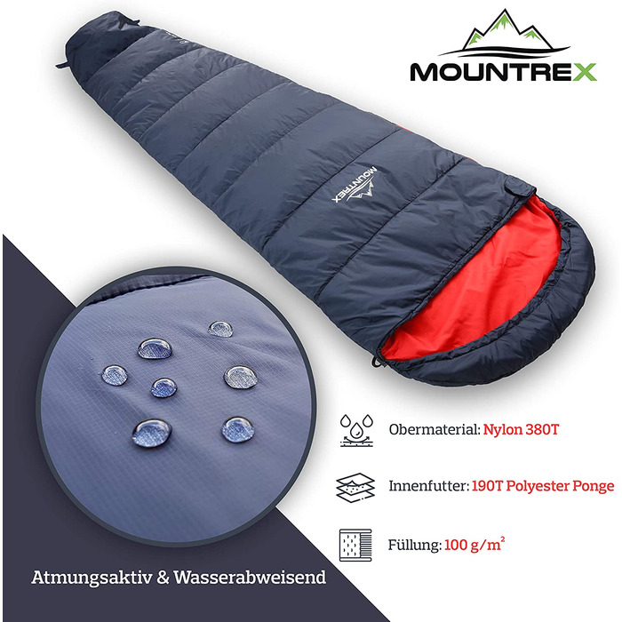 Спальний мішок MOUNTREX ультралегкий 760г, компактний, літній, мумія, для кемпінгу, подорожей, фестивалів, 100GSM, теплий, з'єднуваний, темно-синій/червоний