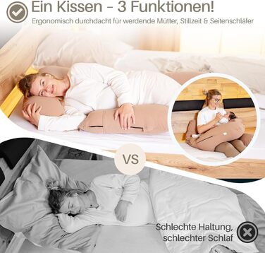 Подушка для вагітних та годування XL для сну на боці з ефектом пам'яті (Memory Foam), бавовняний чохол, коричнева