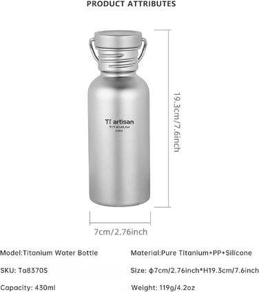 Титанова фляга Ti Artisan Titan-Trinkflasche 430 мл: спортивна, легка, герметична для кемпінгу, туризму, велоспорту