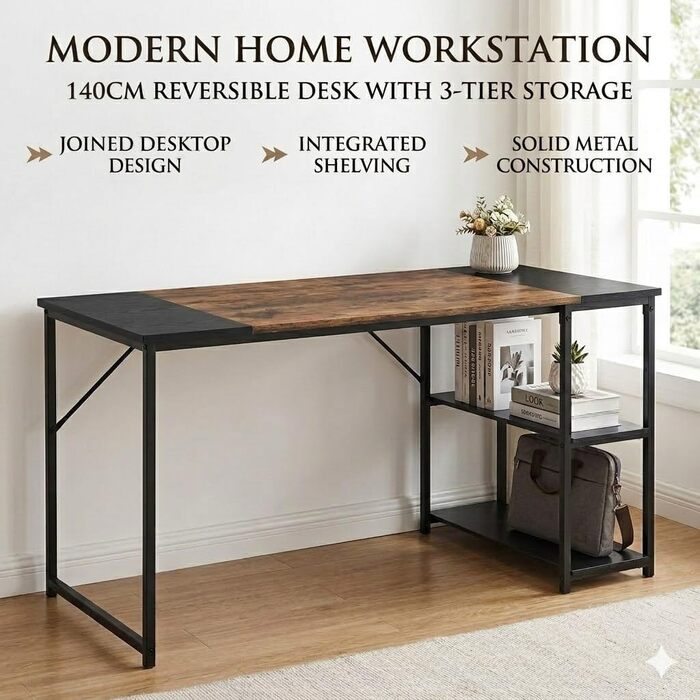 Письмовий стіл з полицею FurnitureR 120x60x74 см, дерев'яний та металевий, для дому, офісу, вітальні в індустріальному стилі, чорно-коричневий