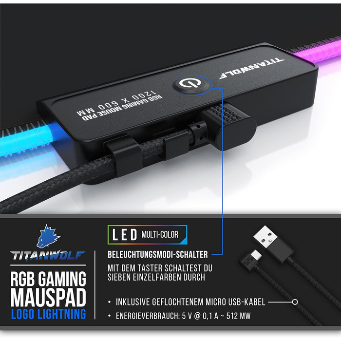 TITANWOLF XXXL RGB килимок для миші – 1200 x 600 мм, LED, 7 кольорів, 4 режими, для геймінгу, гумова основа, миється