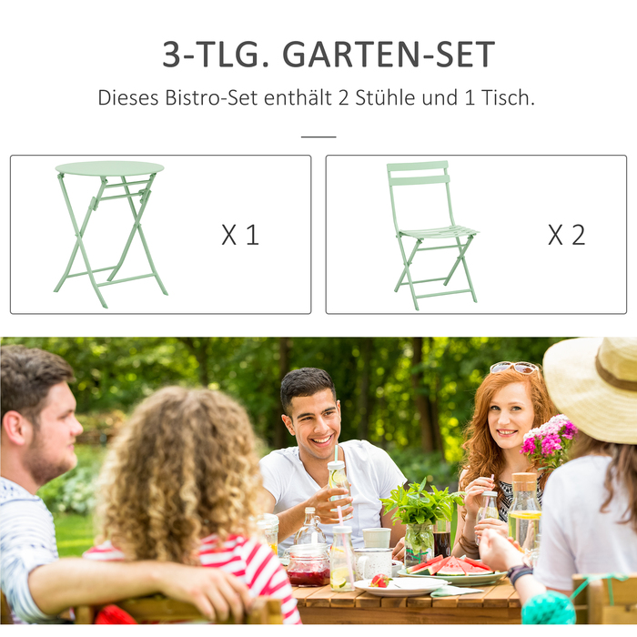 Outsunny Garden Набір на 2 особи Комплект балконних меблів Бістро Стіл з 2 стільцями для двору Сад розкладний зелений