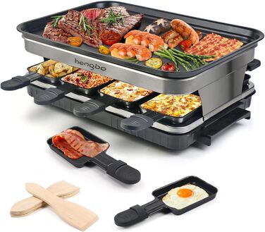 Електричний гриль для фондю Raclette на 8 осіб з антипригарним покриттям, 1500W, з 8 міні-сковорідками та 4 дерев'яними шпателями, регульована температура, нержавіюча сталь 44 x 30 x 16 см