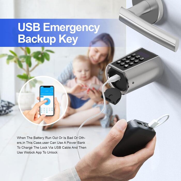 Розумний електронний дверний замок WELOCK з паролем, RFID-карткою, Bluetooth-додатком, регульований циліндр 50-100 мм, сріблястий