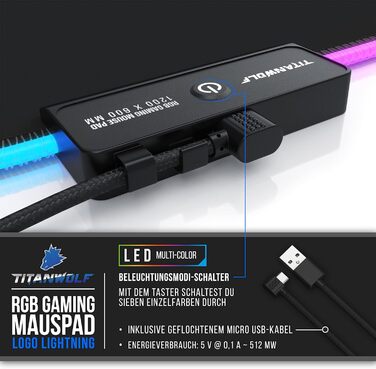TITANWOLF XXXL RGB килимок для миші – 1200 x 600 мм, LED, 7 кольорів, 4 режими, для геймінгу, гумова основа, миється
