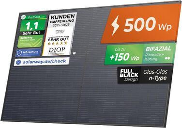 Двосторонні сонячні панелі Solarway Full Black Bifacial Glass/Glass n-type для балкона (500 Вт, комплект 8 шт)