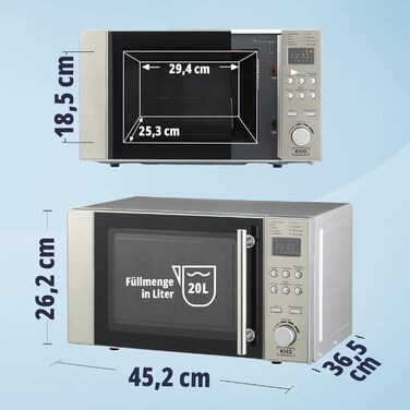 Мікрохвильова піч KHG MW-20.1GS з грилем, 20 л, металева, срібляста, 1200 Вт, 9 автопрограм, таймер 60 хв, цифровий дисплей, дитячий захист