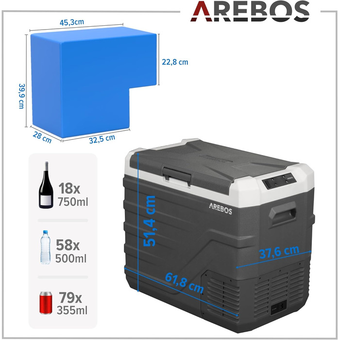Автомобільний компресор-холодильник Arebos 43л з Wi-Fi та USB: -20°C для авто, кемпінгу, вантажівки