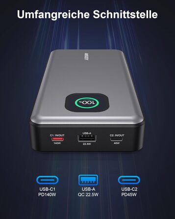 Powerbank 140W, 25000mAh з дисплеєм, PD3.1 для ноутбуків, MacBook, iPad, iPhone, Switch