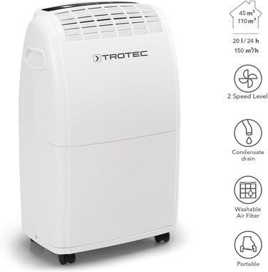 Електричний осушувач повітря Trotec TTK 75 E – продуктивність 20 л/день – площа 45 м² / 110 м³ – автоматичне вимкнення