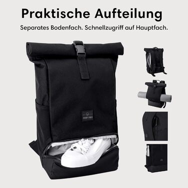 Рюкзак Johnny Urban Allen Medium чорний, водовідштовхувальний, 15л, rolltop, з відділенням для ноутбука, для університету, велосипеду, бізнесу, унісекс, екологічний