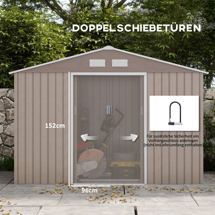 Outsunny Garden Shed 4,9 м², Садовий сарай з моноскатним дахом, Розсувні двері, Фундамент, 277 x 195 x 192 см, Сарай для інструментів з оцинкованої сталі, Стійкий до погодних умов, Для саду, Світло-коричневий