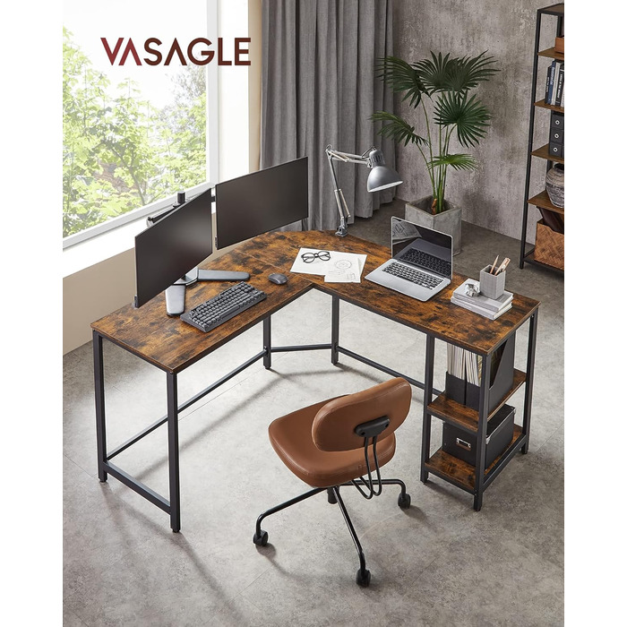 VASAGLE кутовий комп'ютерний стіл L-подібний 138x138x76 см з 2 полицями, офісний стіл для дому та ігор, легка збірка, вінтажний коричневий-чорний