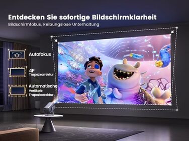 Smart-проектор Mini Beamer 4K Full HD 1080P, 600 ANSI люмен, автофокус, автокорекція трапецієподібних викривлень, WiFi 6, Bluetooth, 360° поворот, короткофокусний, сріблястий