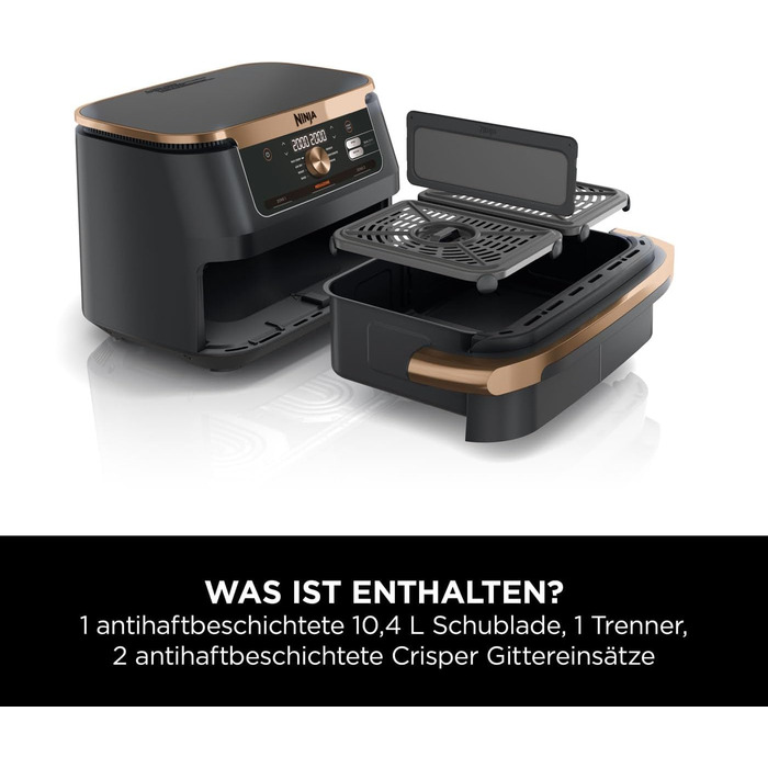Фритюрниця Ninja Foodi FlexDrawer AF500EUCP: 10.4л, Dual Zone, 7-в-1, Чорний & Мідний, Знімний роздільник
