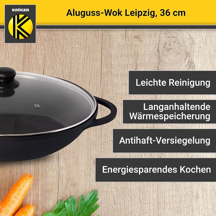 Алюмінієвий вок KRÜGER Leipzig 36 см з антипригарним покриттям, скляною кришкою та аксесуарами — ідеальний для овочів, локшини та рису