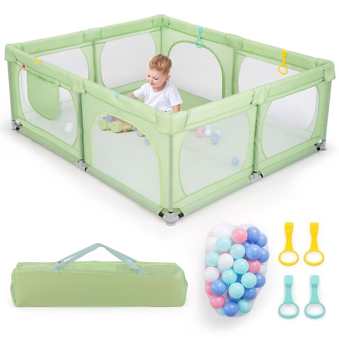 Дитячий ігровий манеж COSTWAY 189x158 см, з 50 кульками, 4 ручками та 4 дверцятами на блискавці, дихаюча сітка, зелений, без матраца