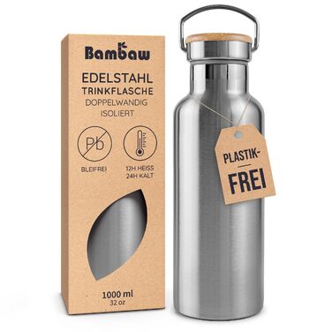Термобутилка Bambaw з нержавіючої сталі 1л, ізольована металева пляшка для води та чаю, герметична, підходить для посудомийної машини, срібляста